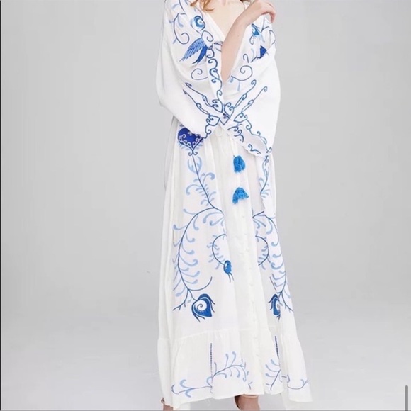 5 Star ⭐️ Favorite Boho Embroidered Blu Hearts Magic Kimono Blue Bird Maxi Dress - Picture 11 of 14